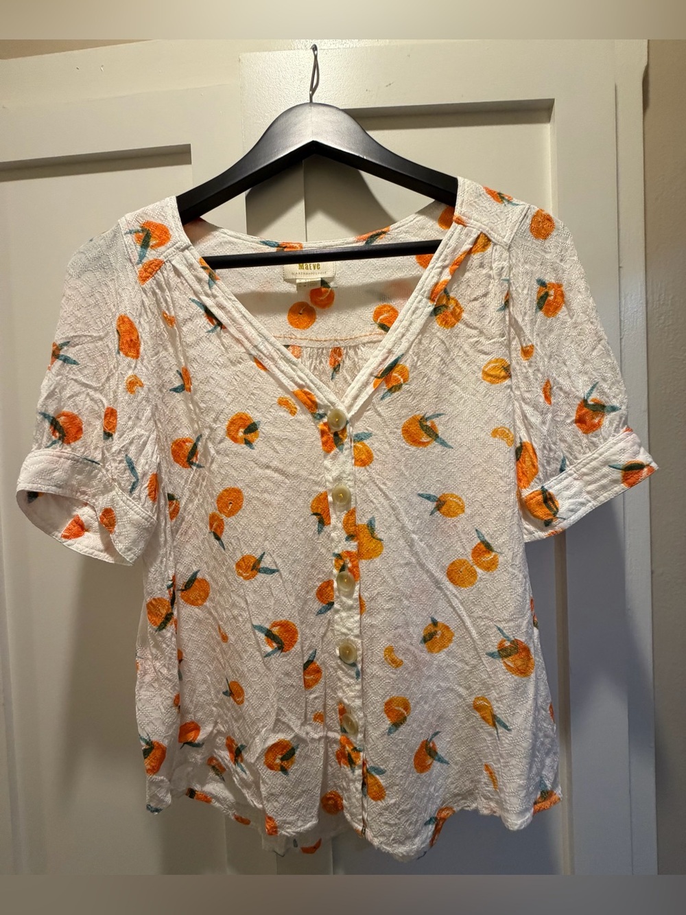 Maeve Anthropologie Orange Fruit Print Textured Button Front Blouse Size 4